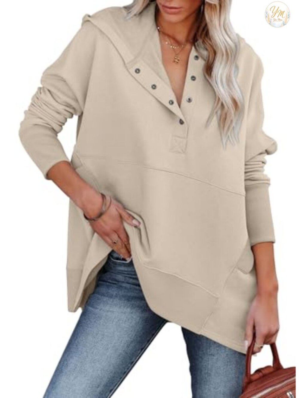 Oversized Hoodie V-Neck Button Down Pullover Sweatshirt